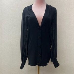 Catherine Malandrino Balloon Silk Sleeve V-Neck Black Cardigan Sweater Size S